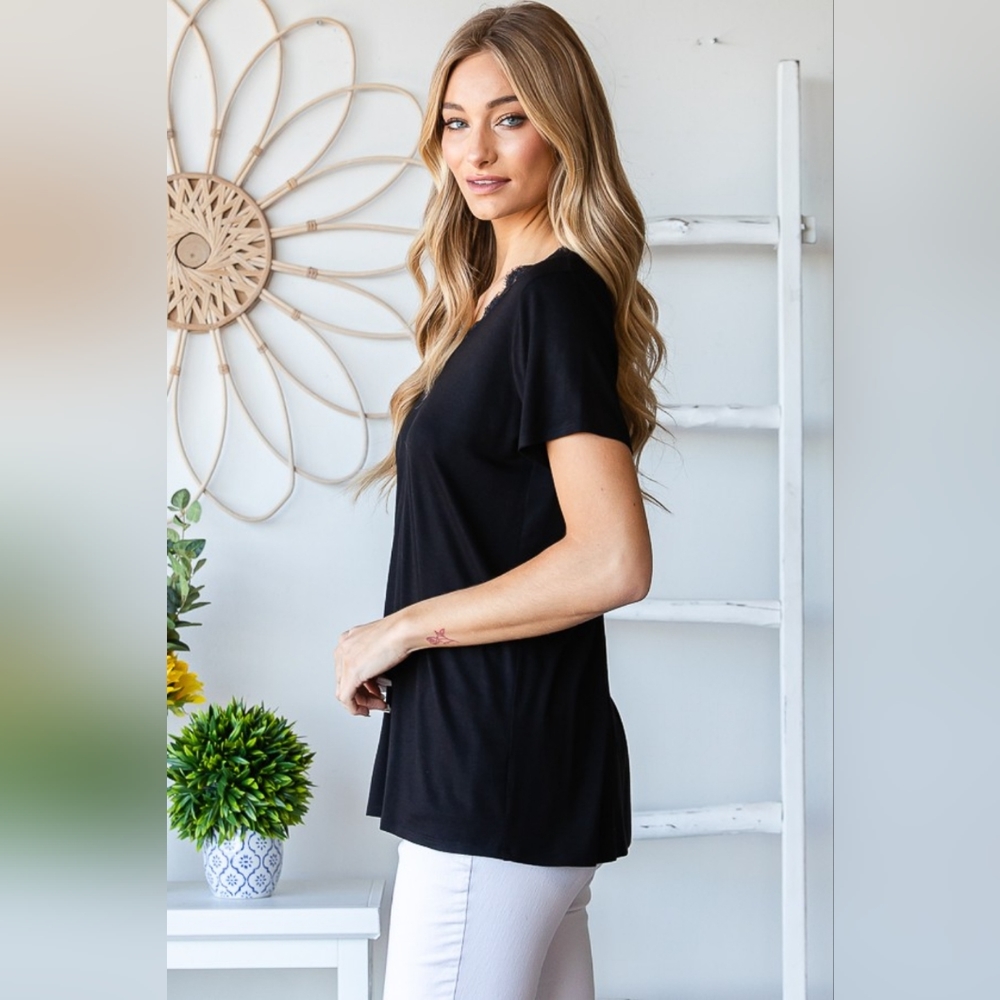 Heimish Lace Detail V-Neck Short Sleeve T-Shirt SALE 20% OFF - Picture 2 of 7